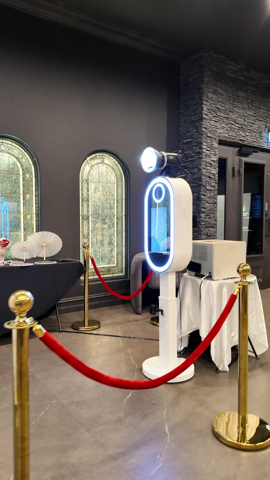 Photo booth setup at a luxury Sydney wedding venue with VIP red rope