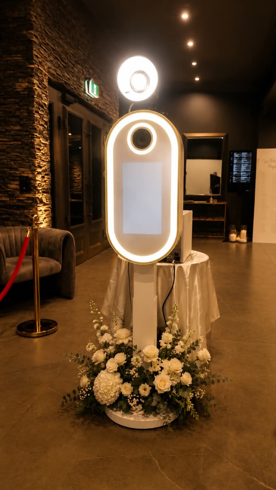 The Glamour Booth by Lights Camera Captured, oval LED mirror booth for luxury events in Sydney